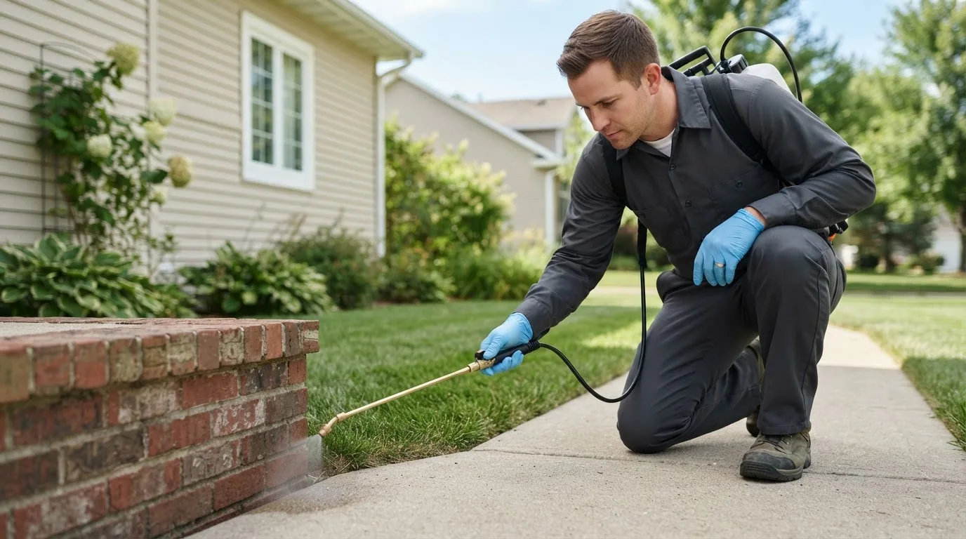 Pest control technician treating a home near Fairview Heights, IL